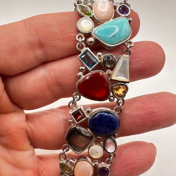 7.5" Mult-gemstone and shell stamped sterling silver bracelet! - Picture 9 of 14